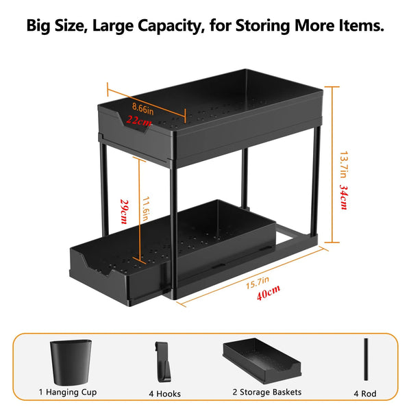 Under Sink Organizer with Double Sliding Drawers – Multi-Purpose Kitchen Storage Rack for Cabinet Organization