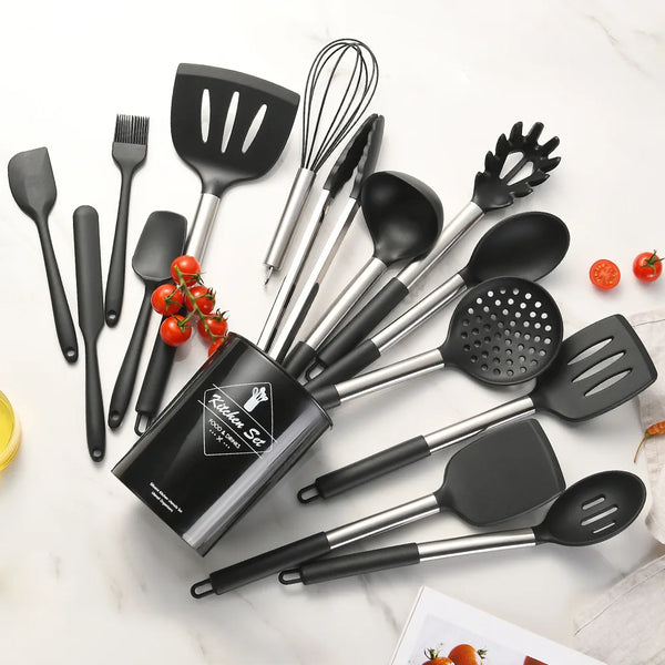 12-Piece Food-Grade Silicone Kitchen Utensils Set - Cooking Tools with Spatula, Turner, and Measuring Spoons