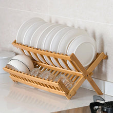 2-Tier Bamboo Dish Drying Rack with Utensil Holder - Collapsible Wooden Dish Drainer for Kitchen Counter