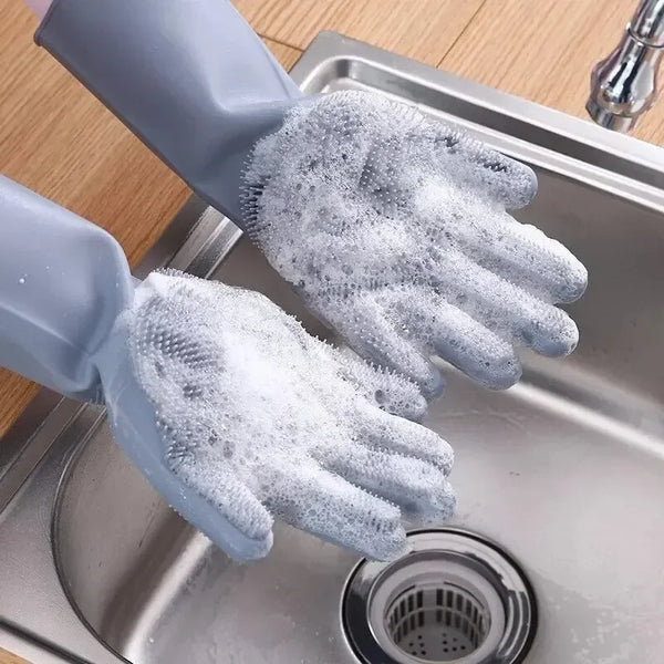 1 Pair of Reusable Magic Silicone Dishwashing Gloves with Built-In Sponge Scrubber – Essential Kitchen Cleaning Tools