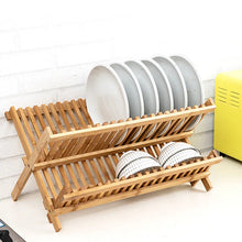 2-Tier Bamboo Dish Drying Rack with Utensil Holder - Collapsible Wooden Dish Drainer for Kitchen Counter