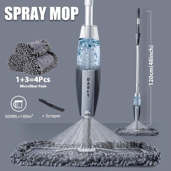 360-Degree Magic Spray Mop for Wooden Floors – Reusable Microfiber Pads for Home, Windows, and Kitchen Cleaning