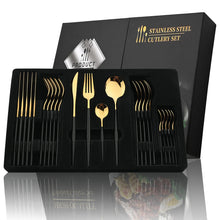 24-Piece Black Handle Stainless Steel Cutlery Set – Elegant Gold Flatware for Dining, Kitchen, and Special Occasions