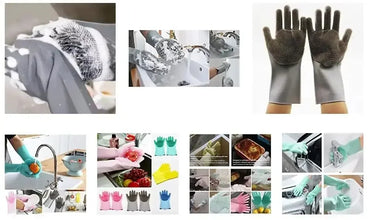 1 Pair of Reusable Magic Silicone Dishwashing Gloves with Built-In Sponge Scrubber – Essential Kitchen Cleaning Tools