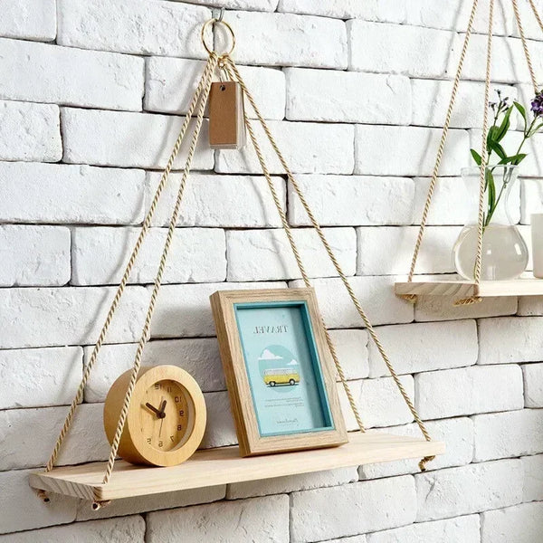 Nordic Wooden Rope Swing Wall Hanging Plant Pot Tray – Floating Wall Shelves for Simple Home Decoration