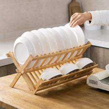 2-Tier Bamboo Dish Drying Rack with Utensil Holder - Collapsible Wooden Dish Drainer for Kitchen Counter