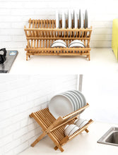 2-Tier Bamboo Dish Drying Rack with Utensil Holder - Collapsible Wooden Dish Drainer for Kitchen Counter