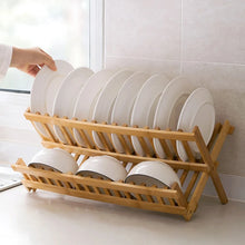 2-Tier Bamboo Dish Drying Rack with Utensil Holder - Collapsible Wooden Dish Drainer for Kitchen Counter