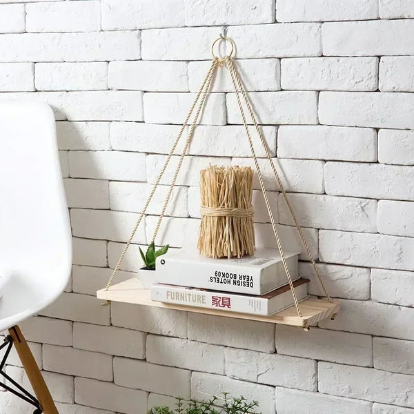 Nordic Wooden Rope Swing Wall Hanging Plant Pot Tray – Floating Wall Shelves for Simple Home Decoration